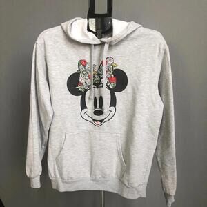 Disney Minnie Mouse Floral Embroidered Hoodie Pullover Sweatshirt Gray XL